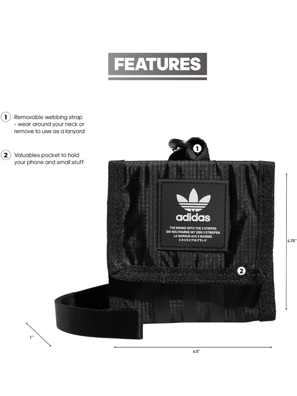adidas Originals Neck Pouch Travel Wallet with Detachable Lanyard, Black/White